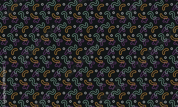 Fototapeta Line geometric math symbols pattern on black background. Bright funny vector seamless ornament for textile, party, fabric, interior, ceramic, wallpaper, paper decoration