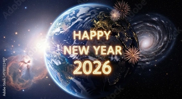 Fototapeta Celebrate the dawn of 2026 with a spectacular earth and galaxy fireworks display
