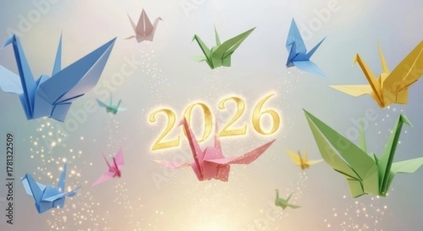 Fototapeta Colorful origami cranes gracefully float around glowing numbers signifying the year 2026