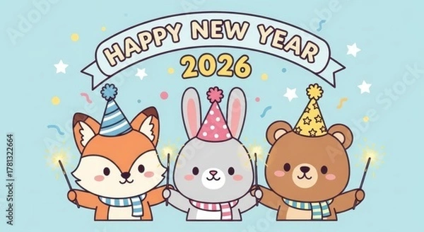 Fototapeta Cute cartoon animals celebrating the new year with sparklers and party hats in 2026