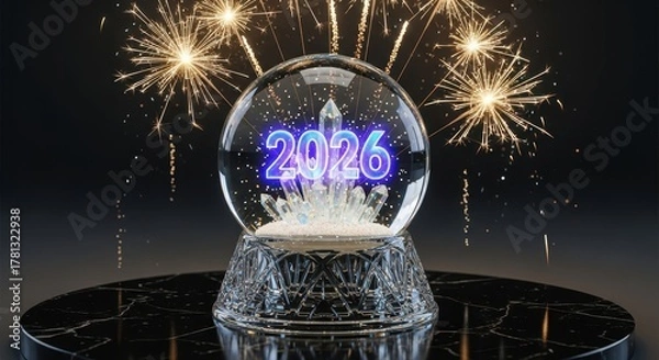 Fototapeta Glowing 2026 numbers inside a crystal snow globe with fireworks celebrating the new year