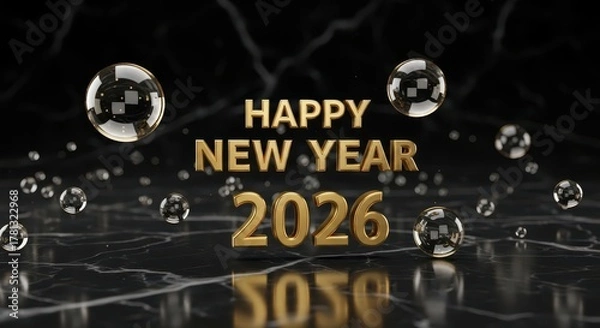 Fototapeta Elegant golden happy new year 2026 greeting with reflective bubbles and dark marble background
