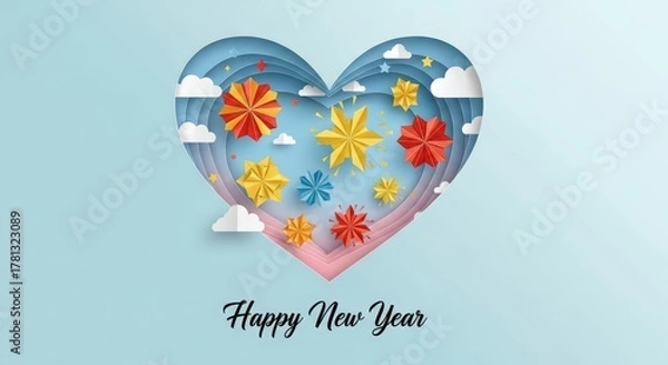Fototapeta Heart shaped paper cut art with colorful flowers and clouds celebrating the new year