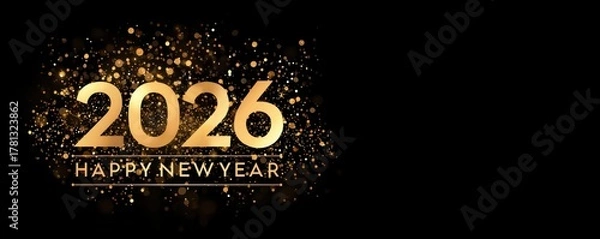 Obraz Text Happy New Year 2026 in rich golden tones with glowing particles, floating over black space, creating refined festive atmosphere of warmth, brightness, and joyful celebration.