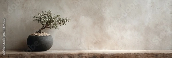 Fototapeta Small black vase with a plant in it sits on a wooden shelf