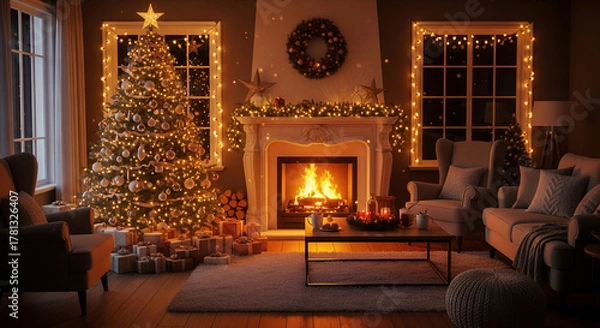 Obraz Cozy living room decorated for Christmas with glowing tree, fireplace, candles, and garlands. Warm festive atmosphere with gifts, red bows, and holiday lights creating a magical winter mood.