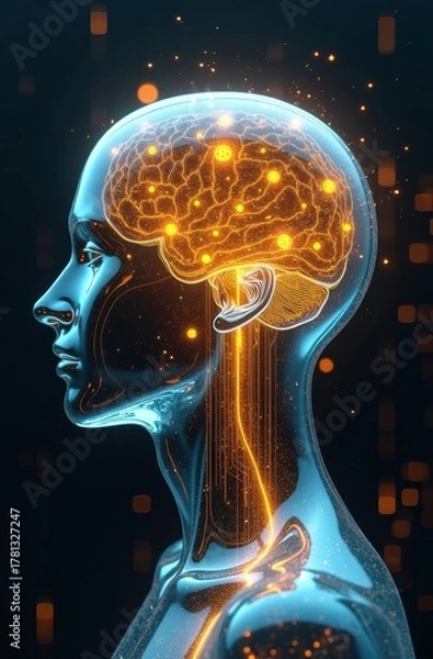 Fototapeta Crystal Mind of Prosperity — Conceptual Glass Head with Golden Energy Flow