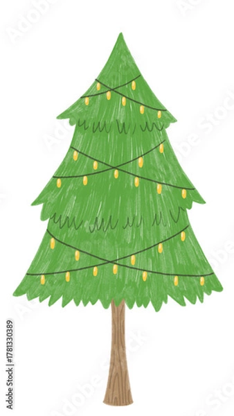 Fototapeta Hand drawn Christmas tree with garland lights.Winter holiday concept, traditional festive design for greeting cards, posters, and invitations. Raster artwork with textured brush style.
