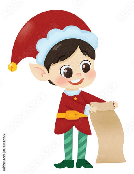 Obraz Cute Christmas Elf Boy Holding Scroll Illustration