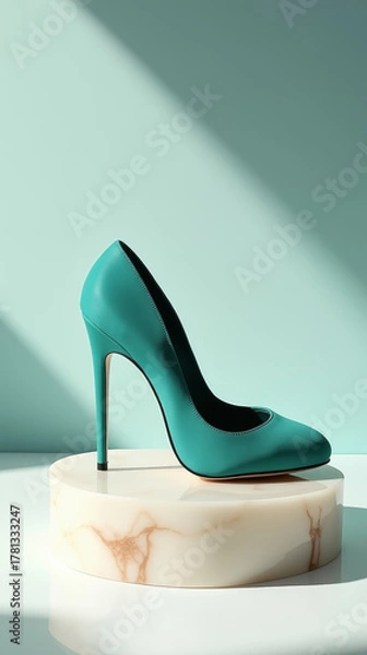 Obraz Minimalist still life of teal suede high heels on marble pedestal, luxury product shot with soft shadow gradient