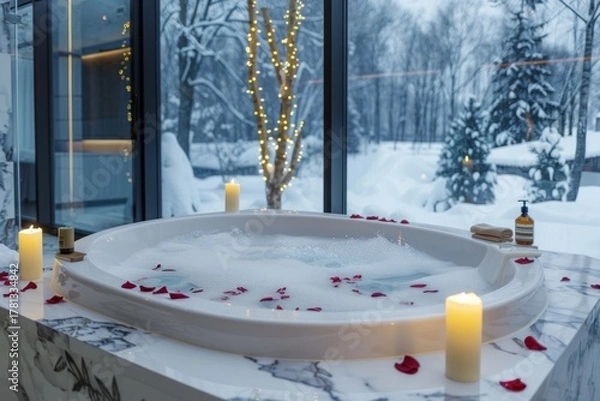 Obraz An elegant bathtub filled with bubbles, rose petals, and candlelight, set against a backdrop of snow-covered trees, inviting relaxation and indulgence during the serene winter season.