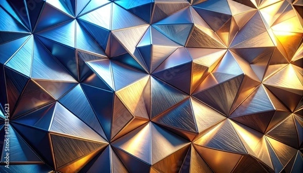 Obraz Abstract geometric background of brushed metal triangles with blue and gold light