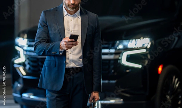 Obraz Businessman reading message on phone at parking. Business texting message. Online business messaging. Business man in suit use phone. Messaging businessman check email. Copy space