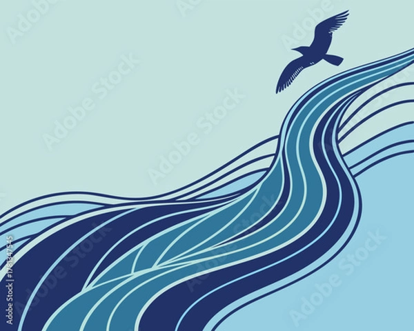 Fototapeta Stylized Sea Waves and Seagull Silhouette Illustration in Blue Tones Perfect for Backgrounds and Web Design