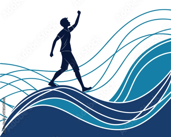 Fototapeta Silhouette of a man celebrating success on a wave of opportunity representing personal achievement and overcoming challenges for motivation and inspiration