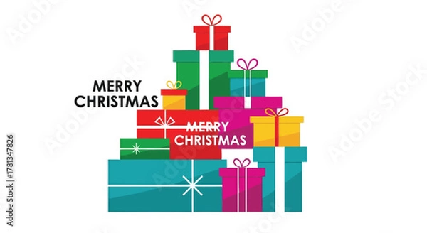 Fototapeta Stack of colorful christmas presents with merry christmas text on white background