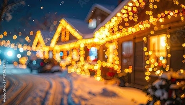 Obraz A festive home glows with warm lights on a snowy, blurry winter night