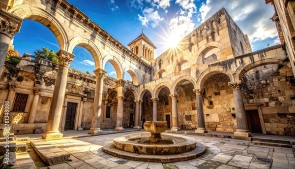 Obraz Ancient stone courtyard with arches, columns, and a fountain under a bright sun