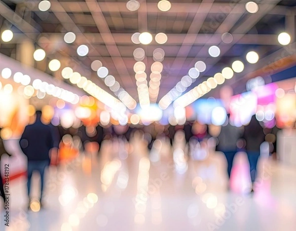 Obraz Blurred view of a crowded convention hall with bright bokeh lights and people