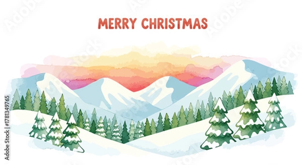 Fototapeta Watercolor style illustration of snow covered mountains and pine trees with a colorful sunset sky and merry christmas text