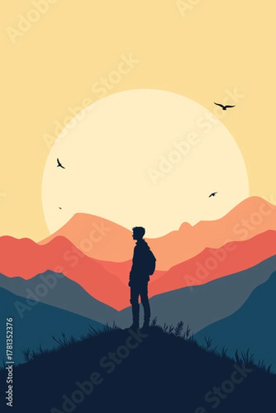 Fototapeta Silhouette of a man standing on a mountain peak at sunrise, surrounded by birds and colorful hills. Symbol of freedom, achievement, and inner peace in a minimalist landscape.