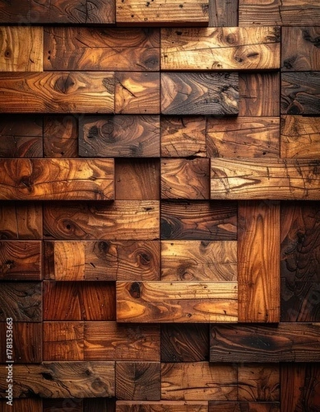 Obraz Wall of staggered, rectangular wood blocks with rich grain and warm, dark tones