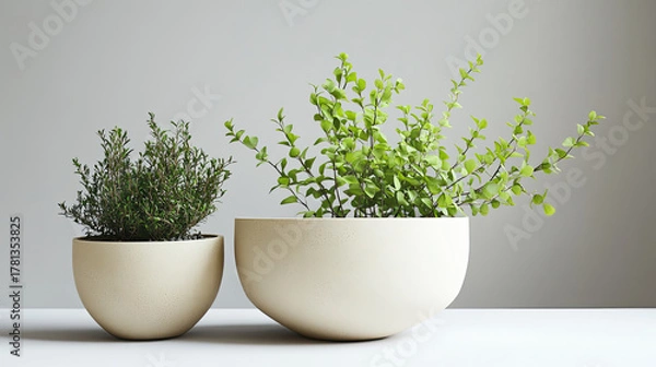 Obraz pair of ceramic pots containing lush green plants, one smaller with herbs and other larger with vibrant foliage, create fresh and lively in minimalist setting