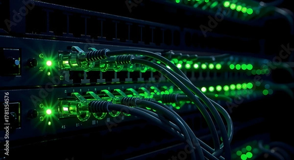 Fototapeta IT Server Room Detail with Connected RJ45 Cables, Modern Networking Technology