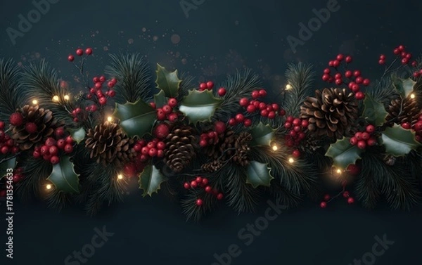 Fototapeta A long line of red berries and pine cones