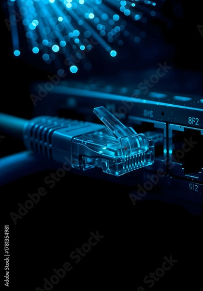Fototapeta Neon Blue RJ45 Cable Plugged into Network Switch, Glowing Technology Background