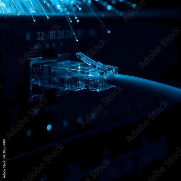 Fototapeta Blue Light Network Switch Connection, Futuristic RJ45 Plug with Neon Effect