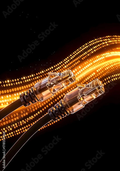 Fototapeta Abstract Network Visualization — 3D Binary Streams Inside Ethernet Cable