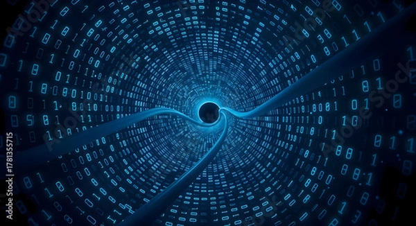 Fototapeta Futuristic Tunnel of Binary Code and Glowing Ethernet Cables, Fast Internet Concept