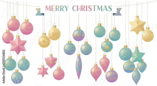 Fototapeta Festive merry christmas greeting with hanging ornaments in pastel colors and gold accents