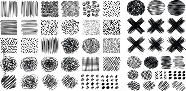 Fototapeta Varied hand-drawn scribble patterns and abstract ink textures. A versatile collection of black and white doodle elements, perfect for grunge backgrounds and creative design overlays