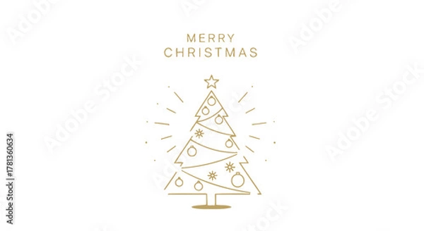 Fototapeta Elegant minimalist gold line art christmas tree with star and ornaments on white background with merry christmas text