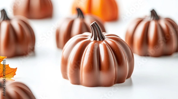 Fototapeta Chocolate pumpkin shaped candies arranged on white surface, evoking festive autumn feel. rich brown color and unique shape make them perfect for seasonal celebrations