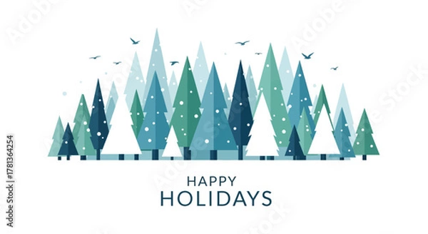 Fototapeta Stylized winter forest scene with snowflakes and birds above happy holidays text