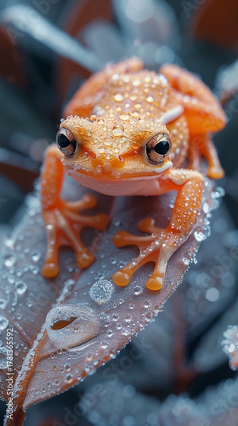 Obraz frog sitting on an icy leaf,