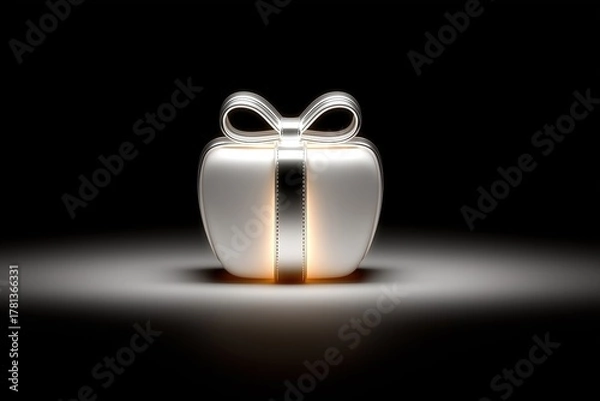Fototapeta Glowing gift box in a minimalist dark scene, softly illuminated with a warm ambiance, perfect for holiday celebrations and festive occasions