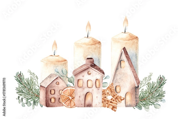 Fototapeta Watercolor Christmas Advent Composition. Third Advent. Candles with Ceramic houses in Fir Branches and eucalyptus. Orange slice and Winter berries. Cozy home decoration in Rustic style. Hand drawn