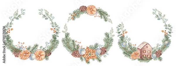 Fototapeta Watercolor Christmas Wreaths, round frames set. Winter plants and dry orange slices, Fir Branches, Eucalyptus and Pine Cones decorated with Ceramic hous. Botanical illustration in scandi style. For