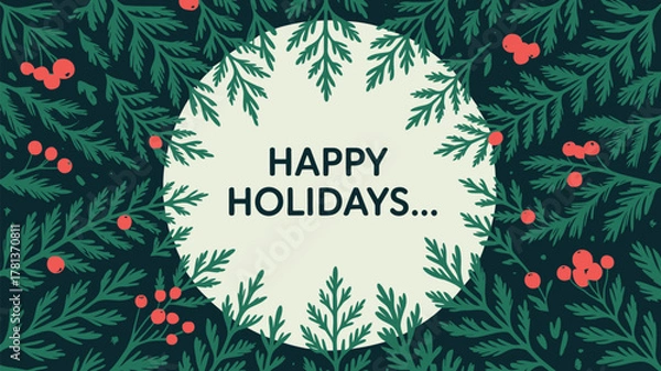 Fototapeta Festive happy holidays greeting card with dark green pine branches and red berries on cream background