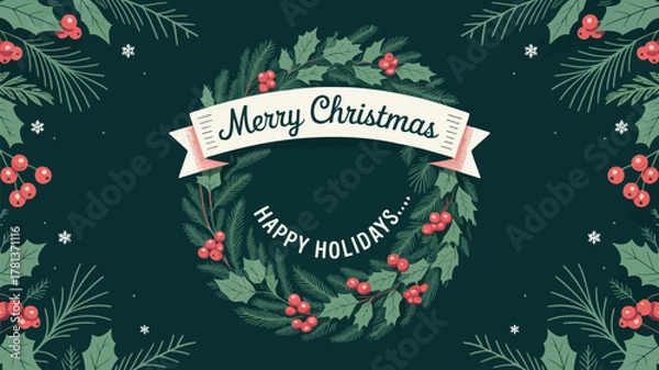 Fototapeta Festive merry christmas and happy holidays wreath with red berries and green pine needles on dark background