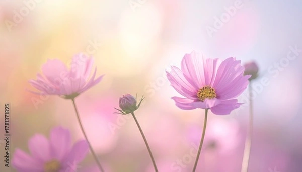 Fototapeta Close Up Of Pink Cosmos Flowers Blooming In Soft Sunlight With Bokeh Background