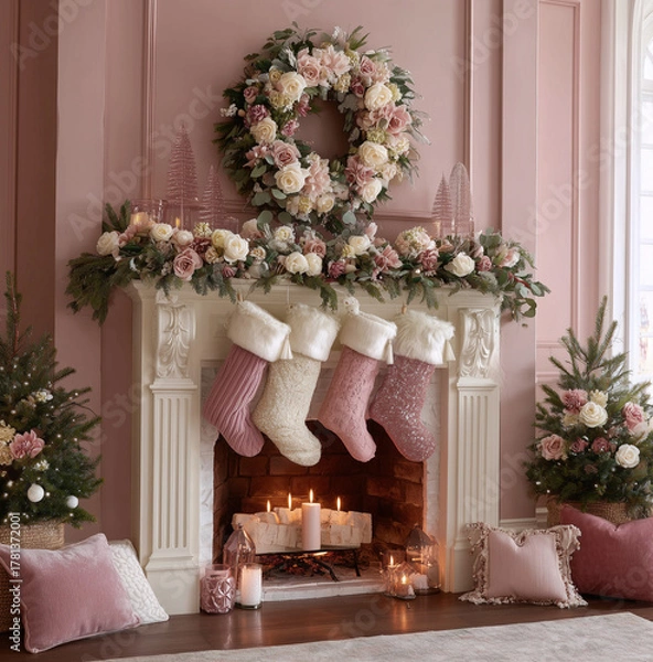 Fototapeta fireplace with christmas decoration