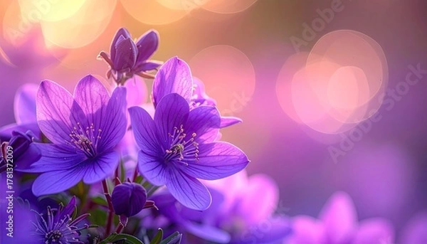 Fototapeta Close up of purple azalea flowers with delicate petals and yellow stamen against a soft orange sky bokeh background during golden hour lighting