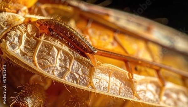 Fototapeta Extreme Macro Close up of a Large Insect Wing with Intricate Yellow and Black Scale Patterns and Detailed Textures in Diffused Natural Light