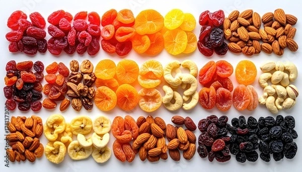 Fototapeta Assortment of Dried Fruits and Nuts in Rows on a White Background Featuring Red Cherries Orange Slices Apricots and Assorted Nuts in Warm Sunlight