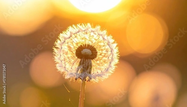 Fototapeta Close up of a dandelion seed head illuminated by a golden sunset creating a bokeh effect on a warm summer evening outdoors